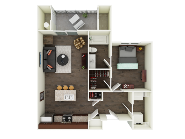 A 3D image of the A1 floorplan, a 648 squarefoot, 1 bed / 1 bath unit