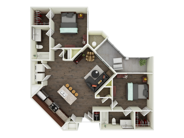 A 3D image of the B2 floorplan, a 914 squarefoot, 2 bed / 2 bath unit