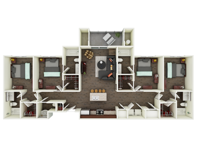 A 3D image of the D2 floorplan, a 1466 squarefoot, 4 bed / 4.5 bath unit