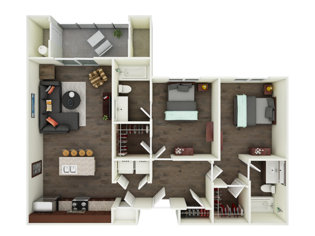 A 3D image of the B1 floorplan, a 873 squarefoot, 2 bed / 2 bath unit