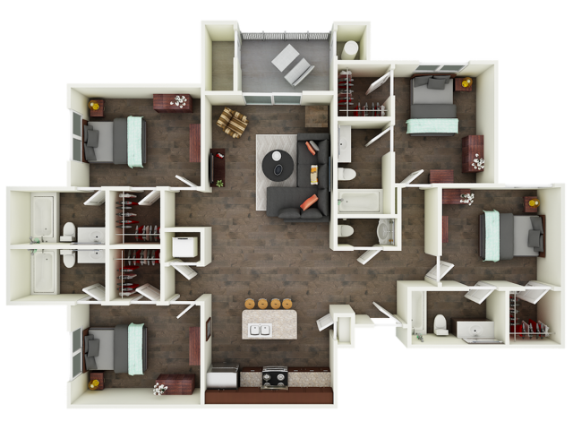 A 3D image of the D1 floorplan, a 1426 squarefoot, 4 bed / 4.5 bath unit