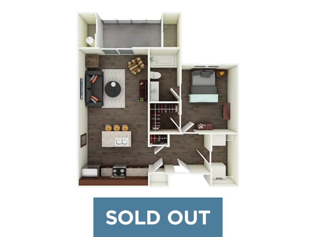 A 3D image of the A1 floorplan, a 648 squarefoot, 1 bed / 1 bath unit