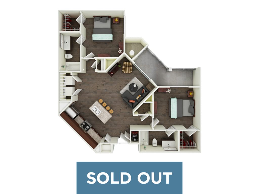 A 3D image of the B2 floorplan, a 914 squarefoot, 2 bed / 2 bath unit