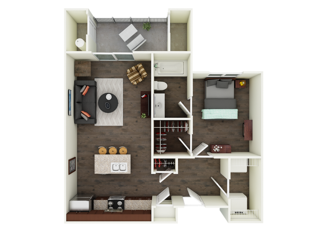 A 3D image of the A1 floorplan, a 648 squarefoot, 1 bed / 1 bath unit