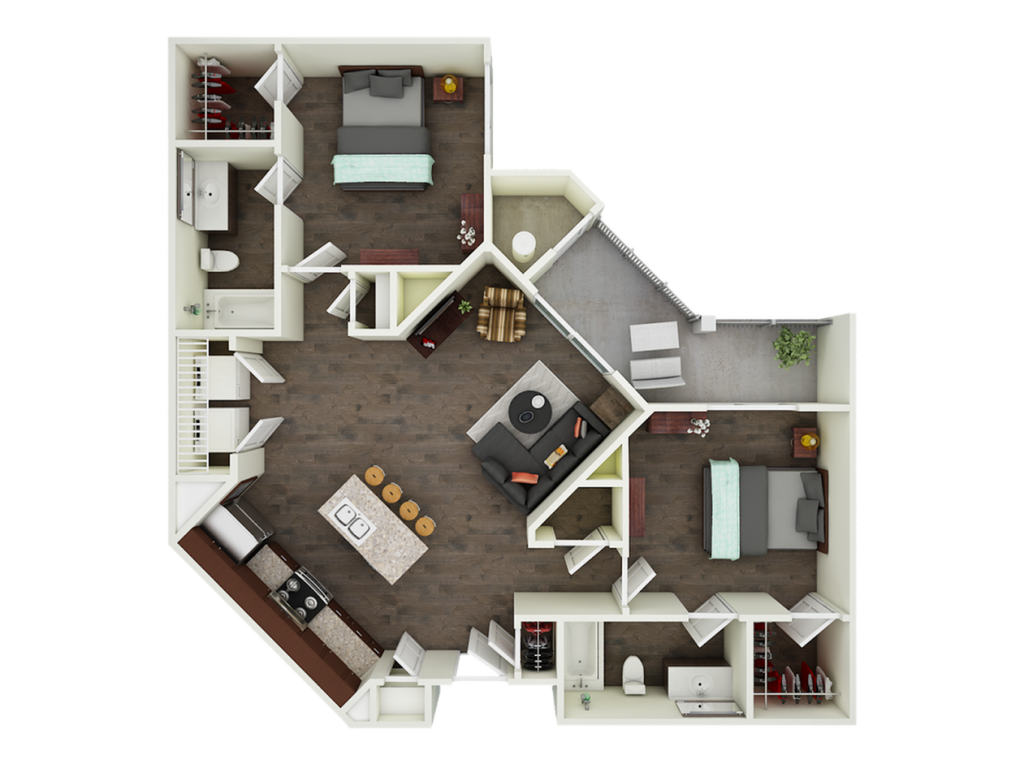 A 3D image of the B2 floorplan, a 914 squarefoot, 2 bed / 2 bath unit